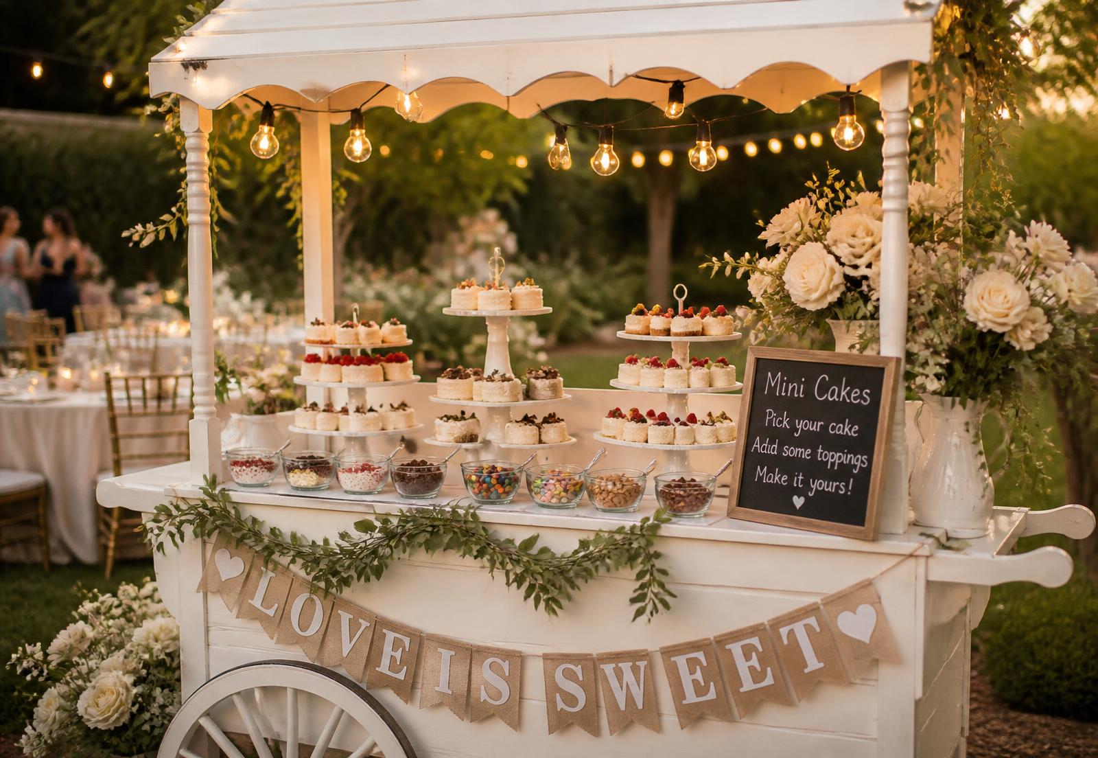 Aglow Cake's white dessert cart styled with mini cakes, toppings, florals and a chalkboard sign at an evening wedding