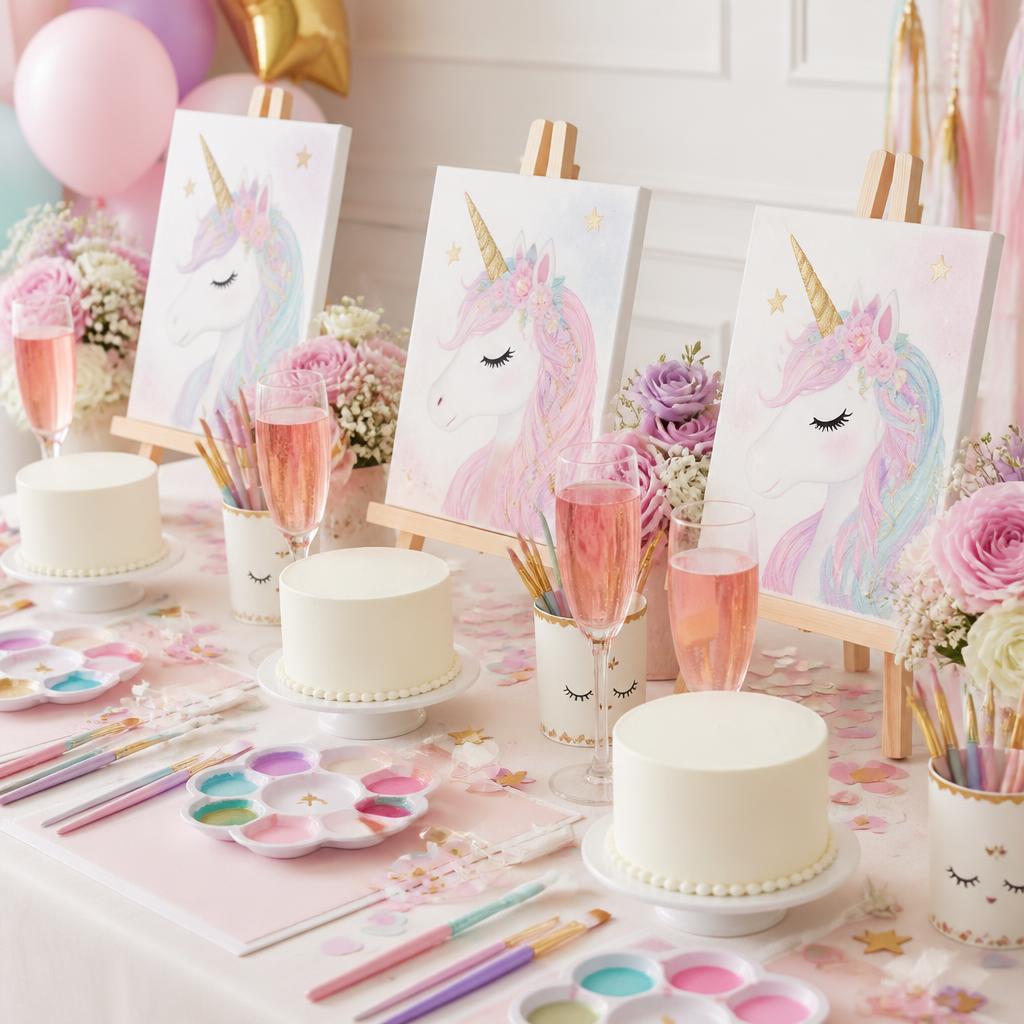 A unicorn themed kids paint and sip party table with small cakes, unicorn canvas paintings, paint supplies and drinks in flutes