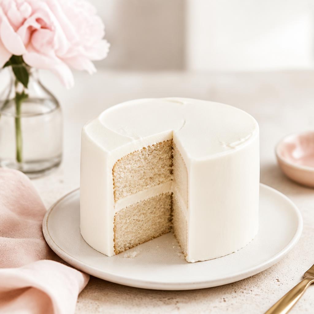 A small 4 inch white cake covered in smooth white buttercream icing with a slice removed